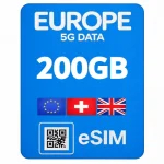 eSIM 5G 200GB — Европа, UK, Швейцария