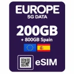 eSIM 5G 200GB по Европе, 800GB в Испании
